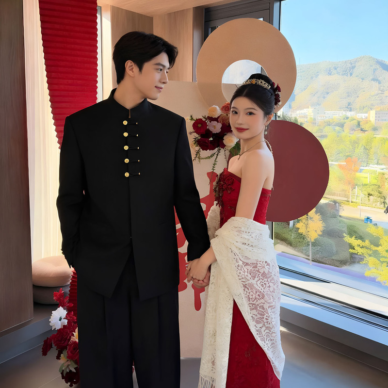 New Chinese-Style High-End Men's Suit with a Stand-Up Collar, Suitable for Grooms and Engagement Ceremonies, Traditional Chinese Wedding Attire