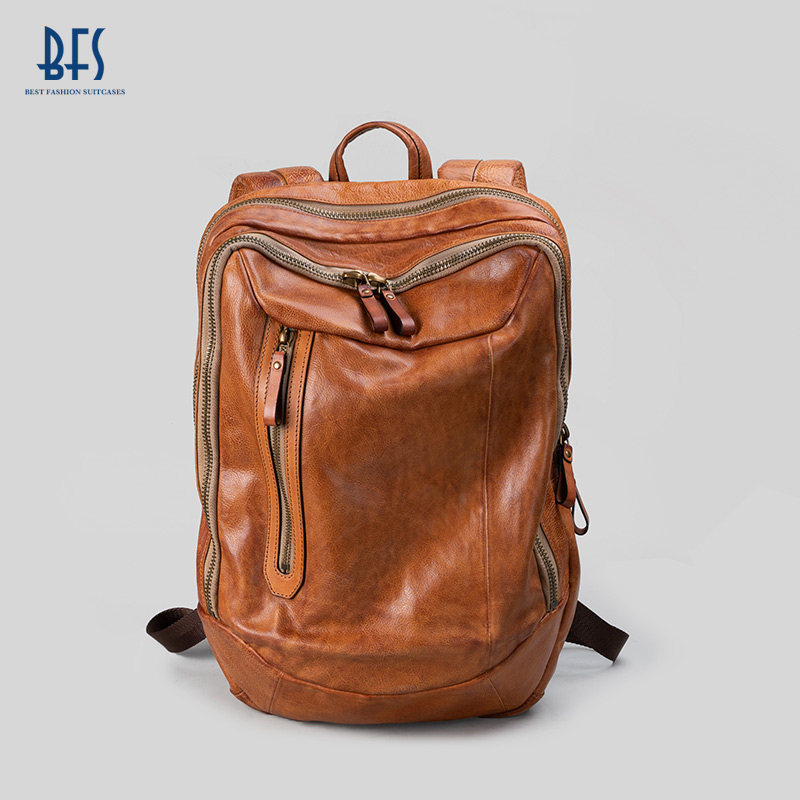 BFS backpack men's leather retro casual travel backpack men's first layer cowhide street student computer bag trend