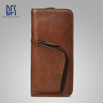 BFS wallet mens leather vertical mens zipper card bag cowhide handbag casual retro high-capacity mobile phone bag tide