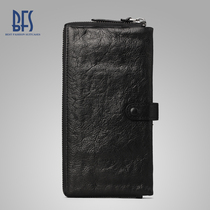 BFS wallet mens leather long zipper vintage first layer cowhide wallet youth thin mens wallet European and American tide