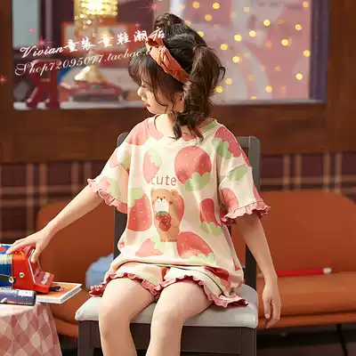 Hong Kong girls ' pajamas summer pure cotton thin short-sleeved medium and large virgin girl cartoon suit children's home clothes
