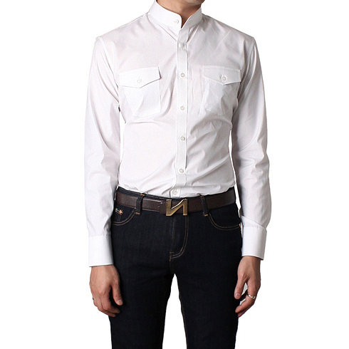 Korean men's shirt gentleman fashion stand neck round neck white specialty men's business long sleeve wedding shirt