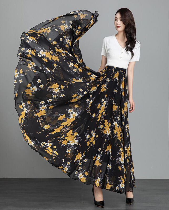 720 Degree Floral Skirt Women's Summer Cover-Up High-Waist Slim A-Line Skirt Drapedy Printed Large Hem Skirt Mid-Length Dance