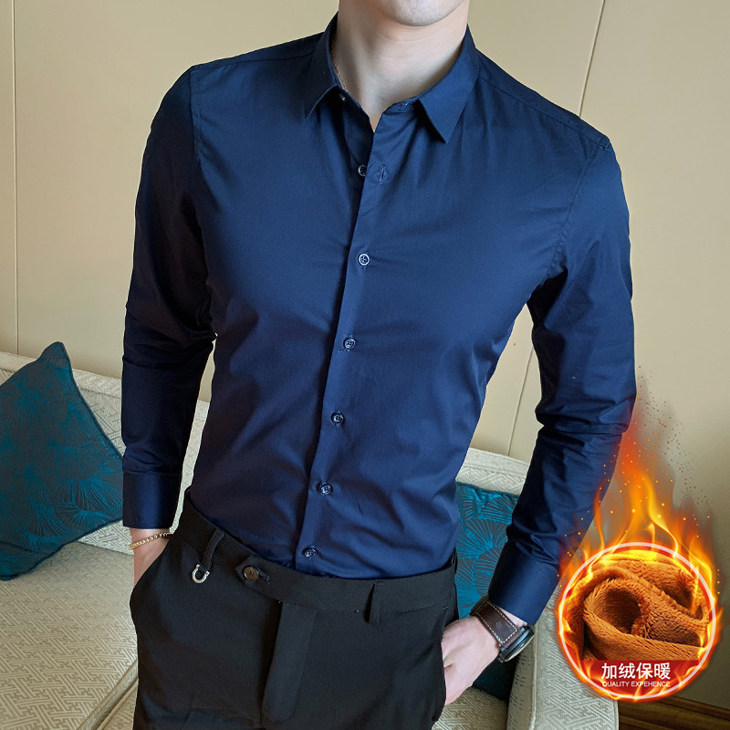 秋冬季长袖衬衫男休闲修身衬衣潮流男士免烫商务男装加绒保暖加厚