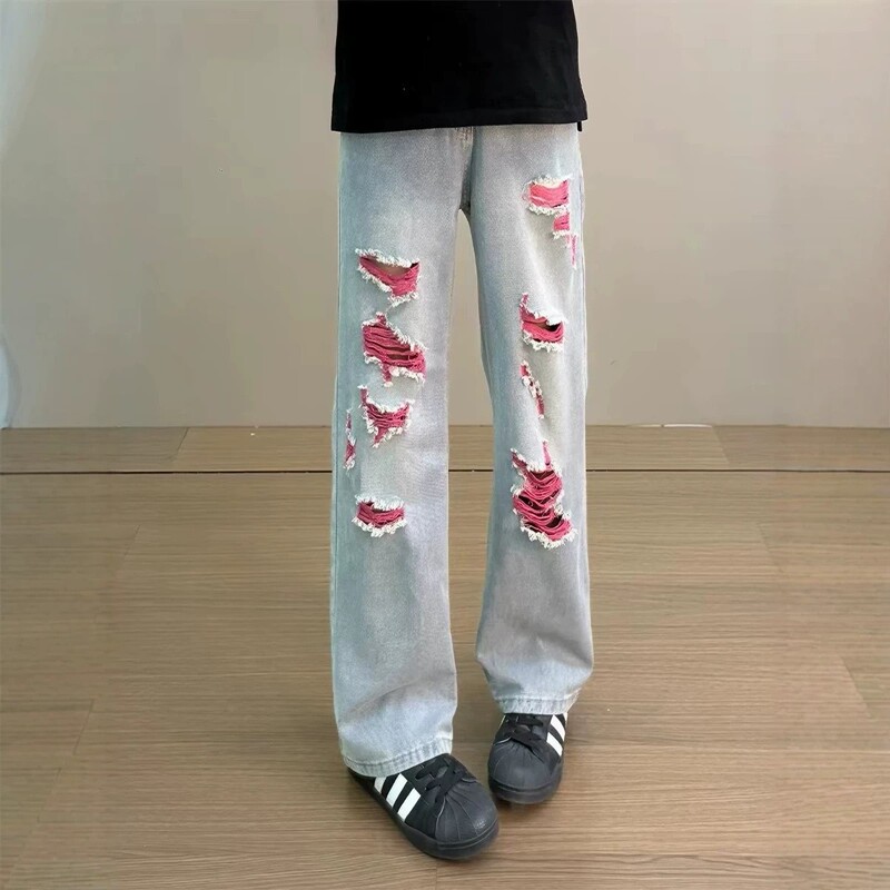 American-Style Design Red Ripped Jeans for Men and Women, Summer Cool and Stylish High-End Slim-Fit Straight Pants