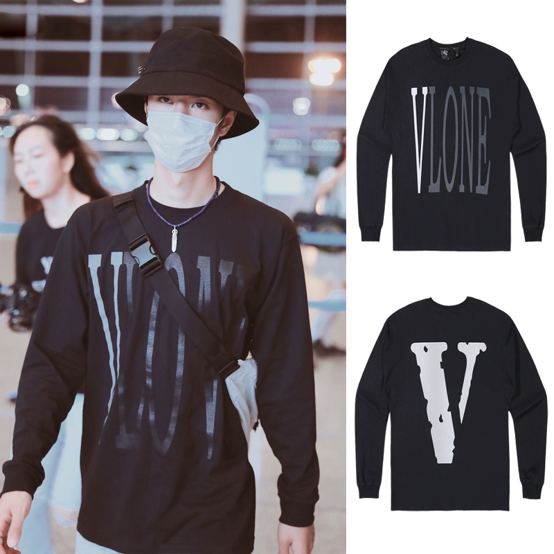 Wang Yibos Vlone New York Guerrilla Shop Limited 3M Áo thun dài tay phản quang Big V dài tay áo dài tay nam và xu hướng nữ - Áo phông dài