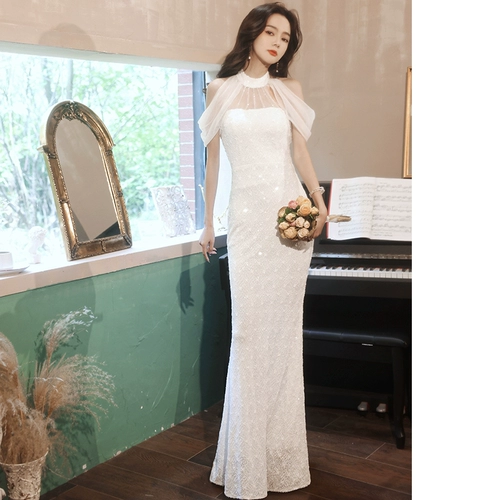 Элитное вечернее платье, юбка, белые сексуальные блестки для ногтей, крой «рыбий хвост»