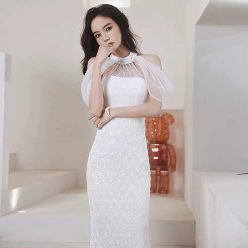 Элитное вечернее платье, юбка, белые сексуальные блестки для ногтей, крой «рыбий хвост»