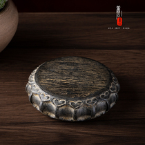 Old stone antique Shanxi bluestone carving heart to heart multi-edge small stone drum coaster pot mat toy toy ornaments collection