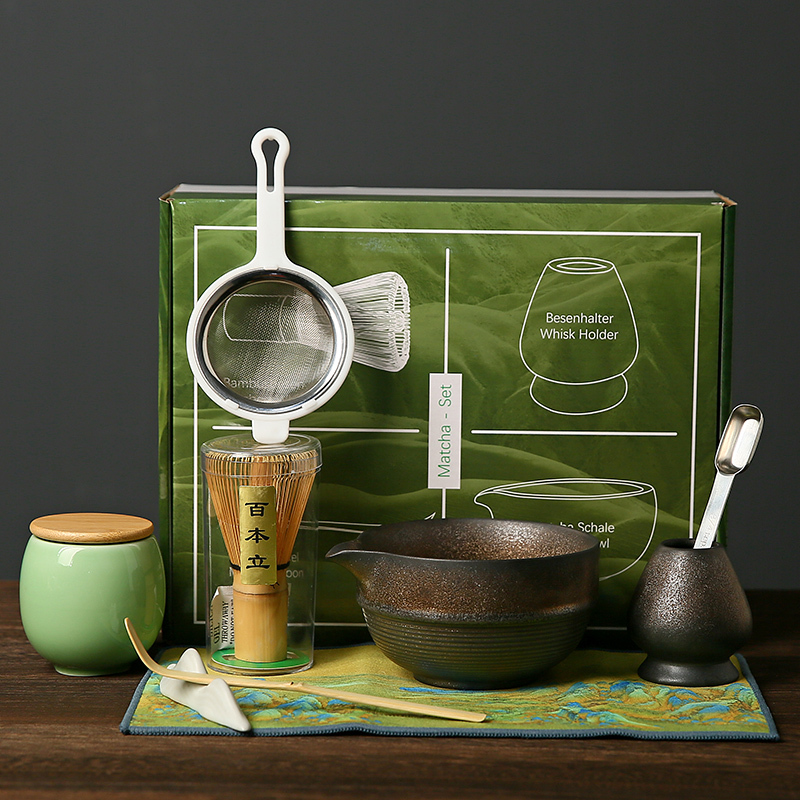 Japanese Matcha Bowl with Spout, Coarse Pottery Matcha Set, Bamboo Whisk, Ceramic Song Dynasty Tea Ceremony Gift Box