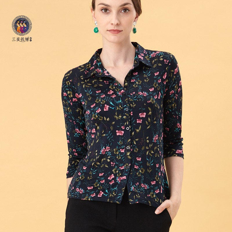 Sanbian Qiantang Spring/Summer Women's Heavy Silk Shirt Knitted Three-Quarter Sleeve T-Shirt Printed Mulberry Silk Top
