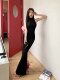 Elegant socialite tight-fitting slit halterneck dress black shoulder-cut slim pure lust sexy sleeveless hip-covering long skirt