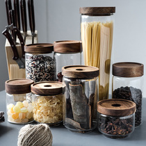 Storage jar Acacia wood lid glass sealed jar small transparent coarse cereals household dried fruit covered round kitchen trumpet
