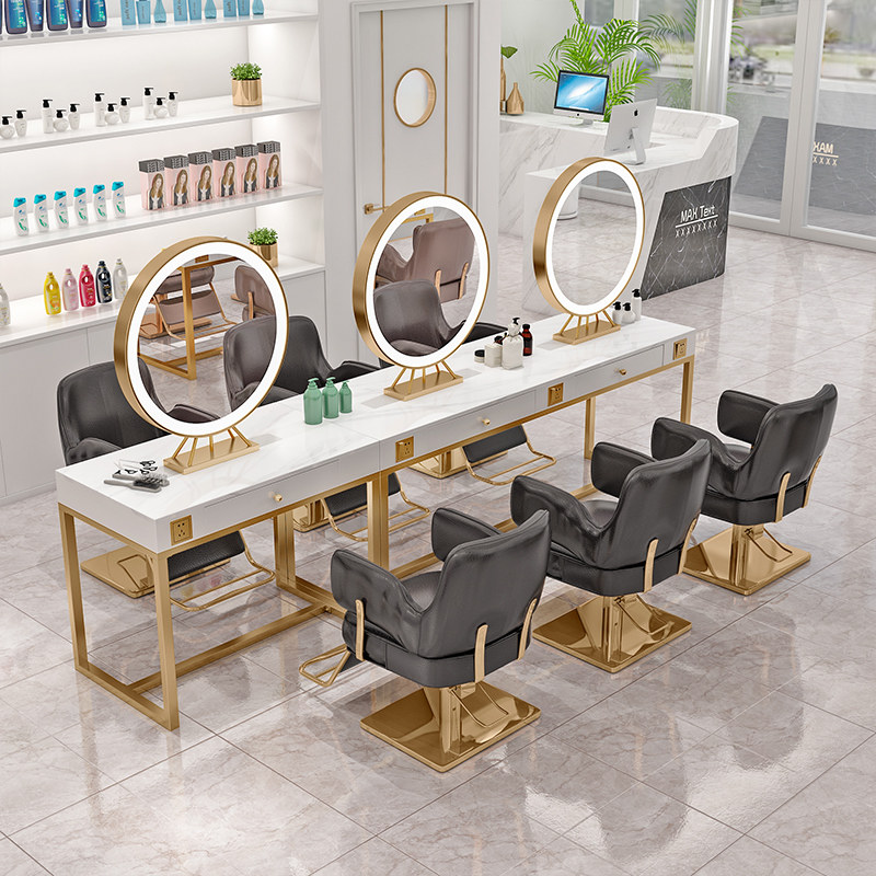 Net red hair salon hair salon double-sided mirror table with lamp hair salon special marble dressing table one hair cutting mirror