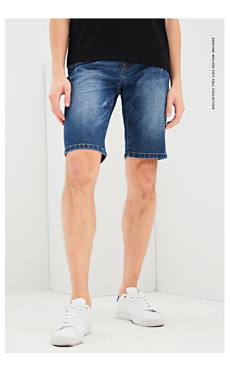 Nhảy múa với những con sói, quần short denim, nam năm quần, 2018 mùa hè người đàn ông mới của quần jean thẳng, thanh niên quần mỏng