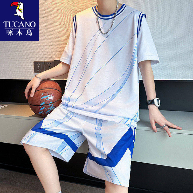 Woodpecker Casual Sports Suit Men's Summer Basketball Uniform for Teenagers Boys Ice Silk Quick-Drying Jersey Stylish Set