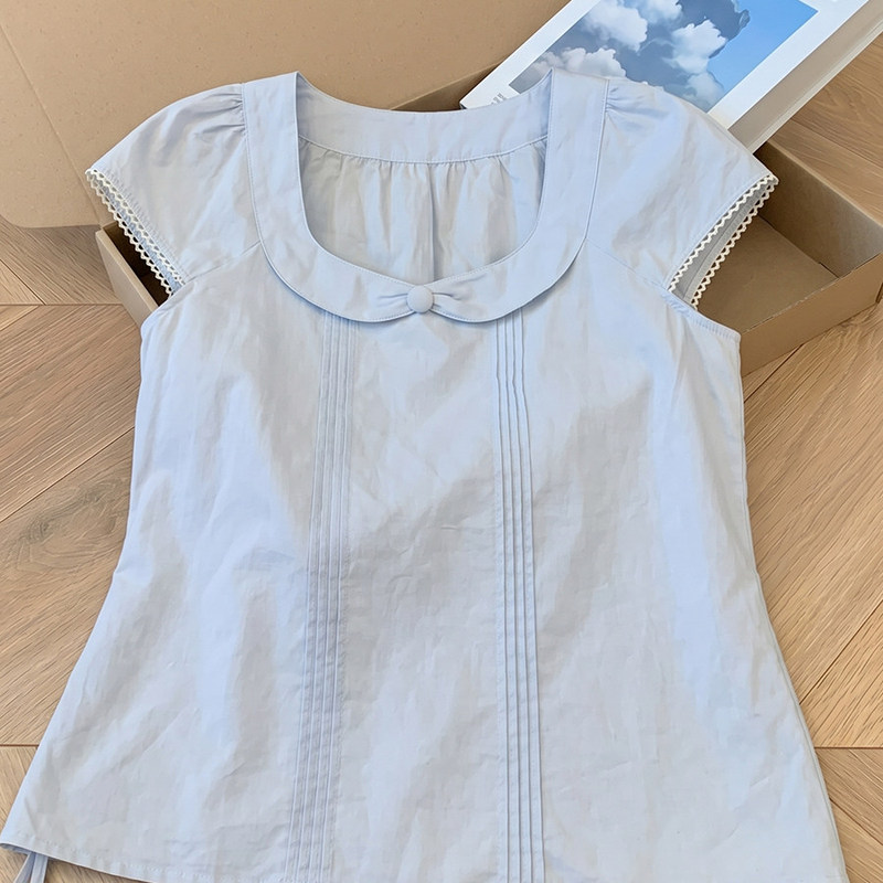 Light Blue Lace Patchwork Short-Sleeve Shirt for Women, 2026 Summer Design, Versatile, Petite, Tie-Up, Slimming Top