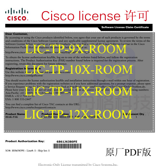 cisco Cisco LIC-TP-12X-ROOM 11X 10X 9X Original PDF with PAK Code License