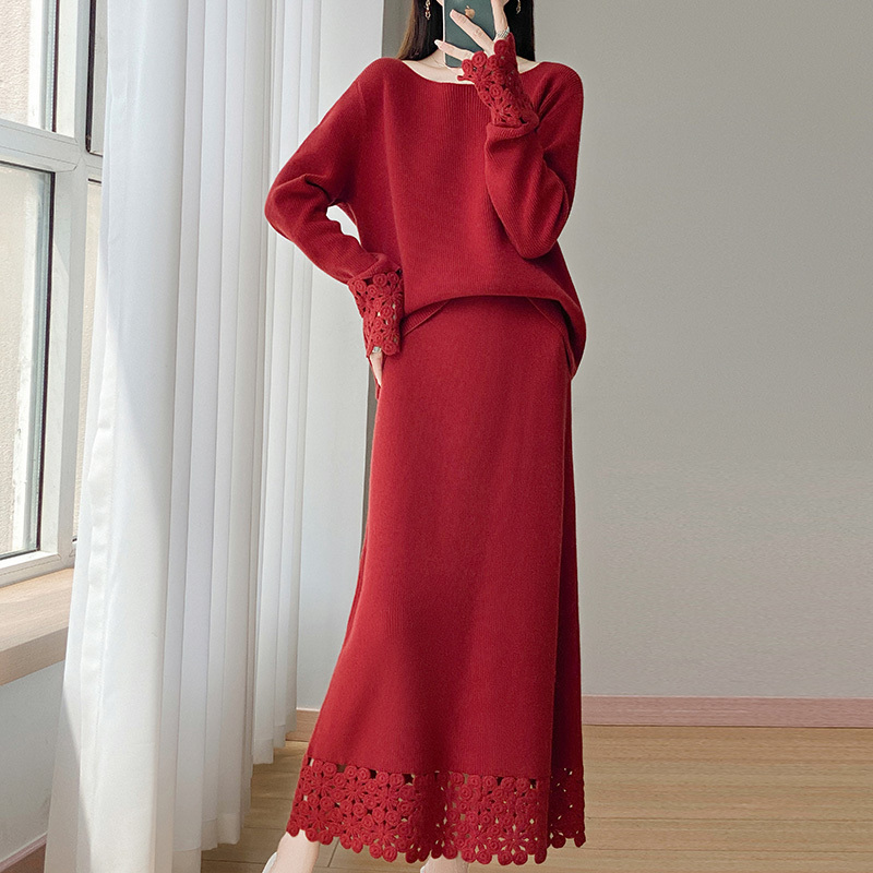 New Autumn and Winter Round Neck Suit 100% Wool Sweater Women's Cut Out Crochet Top Skirt Cashmere Knitted Two-Piece Set