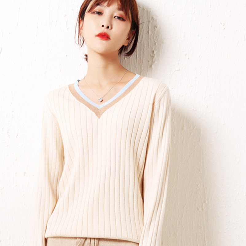 隽雅2019秋冬新款宽松V领时尚抽条打底衫韩版毛衣女长袖