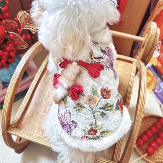 Chinese-Style Retro Embroidered Pet New Year Clothes, Chinese-Style Traction Cotton Coat, Teddy, Pomeranian, Bichon Puppy New Year Outfit