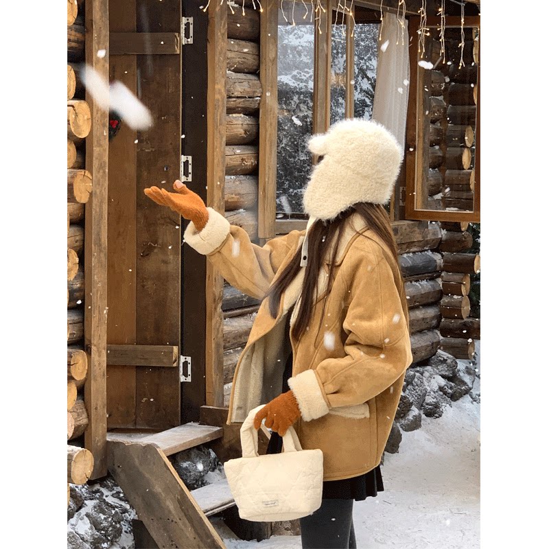 定制款~韩系白色毛绒护耳帽女防风雷锋帽东北雪地帽子保暖飞行帽