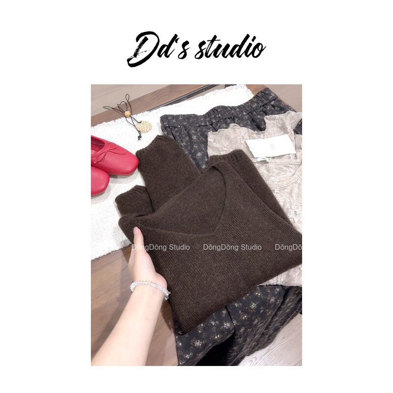 Seamless One-Piece ~/Chestnut Brown/Long-Sleeved V-Neck Knit Top for Women [Length 58cm, Bust 110cm] 6803