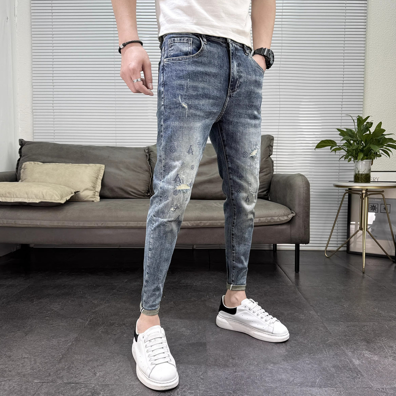 Printed Denim Jeans for Men, Ripped, Trendy, Stylish, Cool, Slim Fit, Cropped Length, Spring and Summer Fashion Pants Printed Denim Jeans for Men, Ripped, Trendy, Stylish, Cool, Slim Fit, Cropped Length, Spring and Summer Fashion Pants