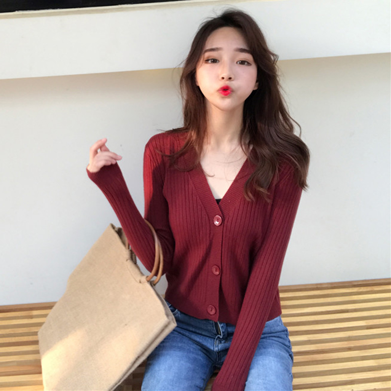 V collar sweater woman knit cardiovert short length sleeves spring autumn slim fit pit streaks with slim height waist 100 lap blouses