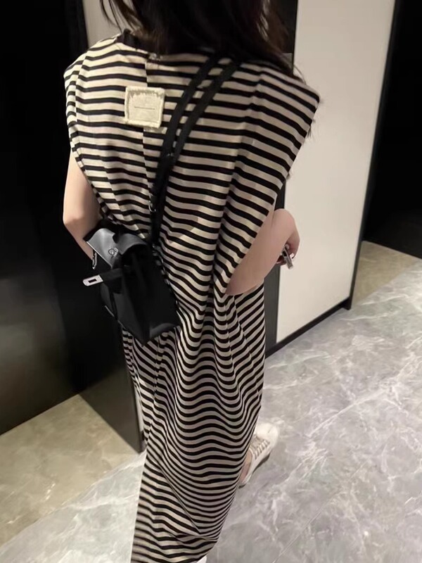 Designed Sleeveless Striped Shoulder-Padded Dress for Women, Summer Long Lazy T-Shirt Dress, Tank Top Dress, Casual Long Dress