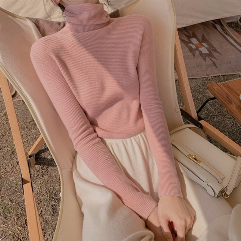High-Neck Base Layer Women's Clothing for Autumn and Winter, Solid Color Soft Knit Top, Pink Stylish and High-End Sweater High-Neck Base Layer Women's Clothing for Autumn and Winter, Solid Color Soft Knit Top, Pink Stylish and High-End Sweater