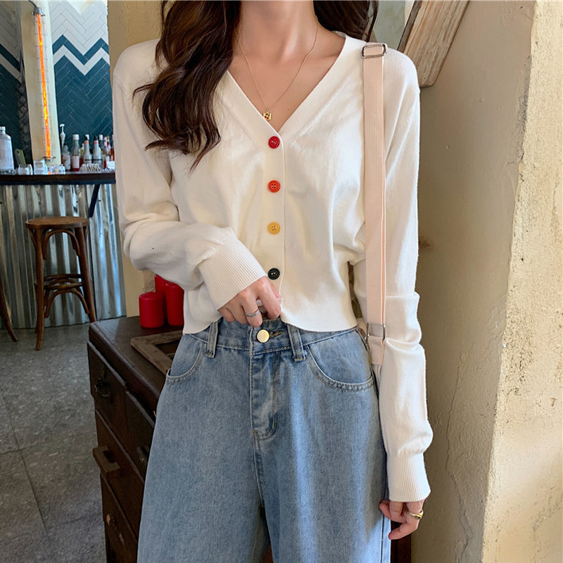 Spring and autumn 2022 new Korean version loose V collar short fix long sleeves Knitted Sweatshirt Woman Outfitting Shirt Fall Blouse