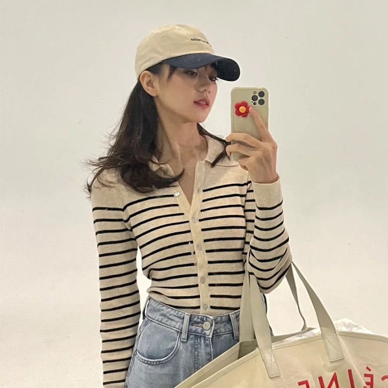 Polo Collar Knitwear for Women, New Spring and Autumn Striped Tops, Base Layer Shirts for Women, Winter Wear, Stylish Cardigans
