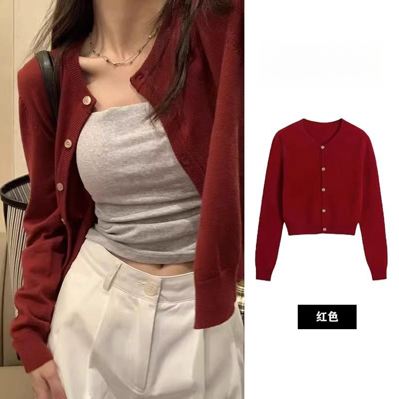 Red Round-Neck Sweater Knitted Cardigan Jacket for Women 2026 New Autumn Slim-Fit Short Long-Sleeved Top Red Round-Neck Sweater Knitted Cardigan Jacket for Women 2026 New Autumn Slim-Fit Short Long-Sleeved Top