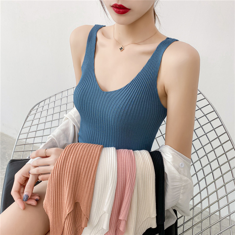 V collar vest women in summer ice silk knitted black and white careful machine base shirt sleeveless top wear