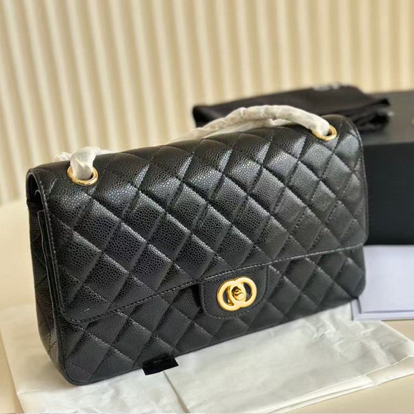 European and American New Retro Black Quilted Chain Bag Caviar Color Single Shoulder Crossbody Bag Underarm Genuine Leather Commuter Women's Bag Trendy