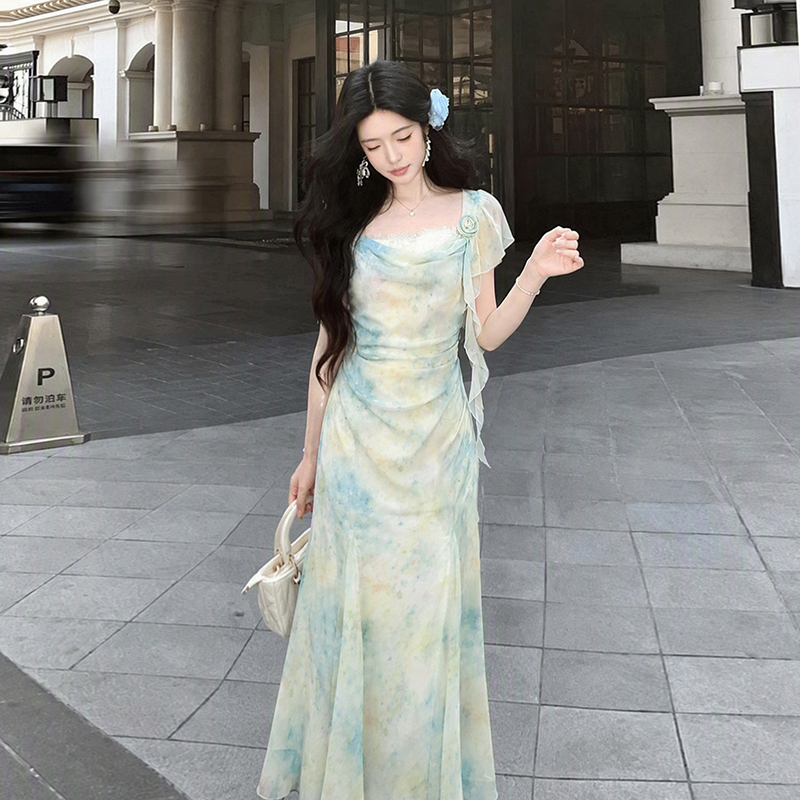 Lined 2026 Summer Resort Style Oil Painting Gradient Lace Swing Collar Draped Ribbon Fishtail Dress D9824