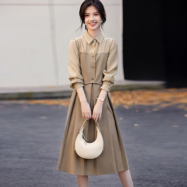 Design niche stitching dress for women 2025 spring elegant temperament commuting waist slimming shirt dress 1856