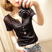 2020 summer dress new Korean slim V-neck mesh short sleeve t-shirt womens wild slim base shirt top tide