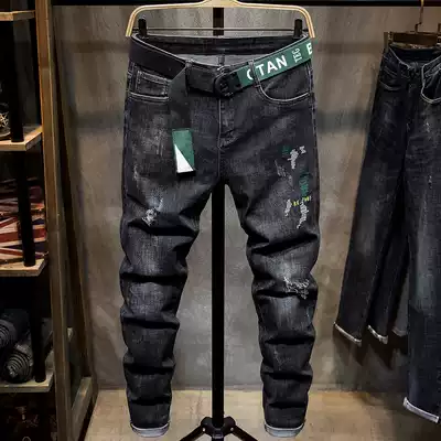 Tide brand ripped jeans men's autumn and winter slim-fit cigarette tube pants Korean version of the trend personality printed stretch long pants men