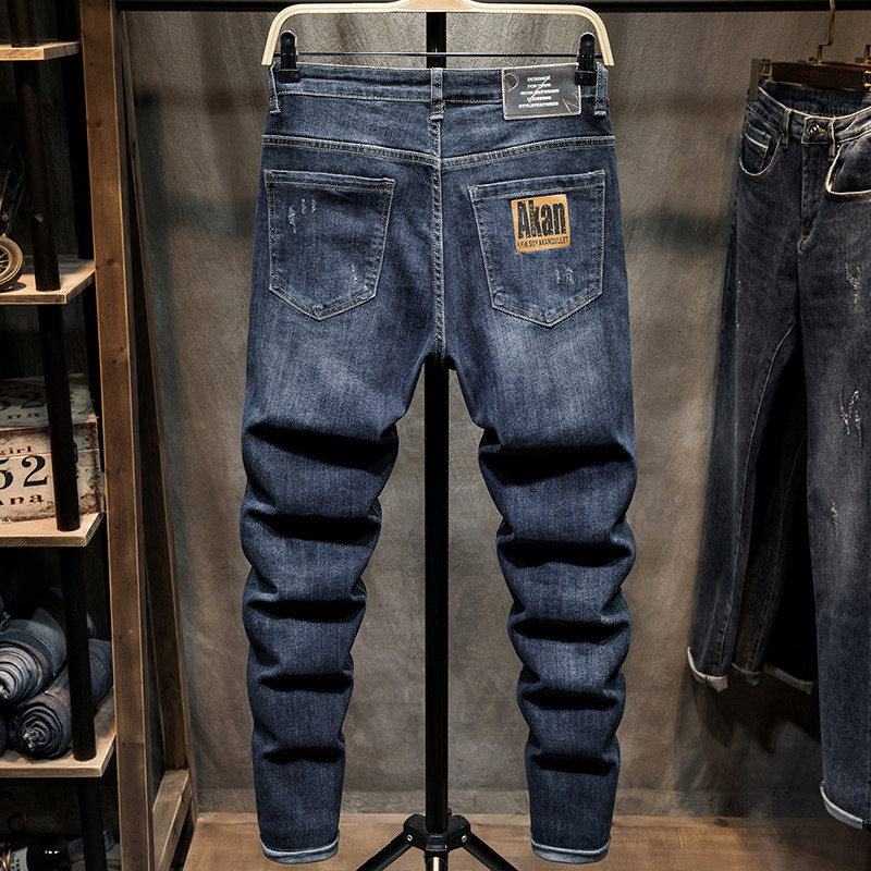 Autumn Winter Style Jeans Men's Body Small Feet 100 Hitch Pants Male Korean Version Trendy Tide Card Printed Elastic Men Long Pants