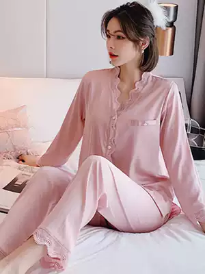 2021 new silk pajamas women long sleeve thin silk summer suit v collar lace home clothing senior sense spring and autumn