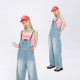 ສີນ້ຳຕານ Leather Buckle Route Washed Denim Retro Overalls Women's Jumpsuit Casual Pants