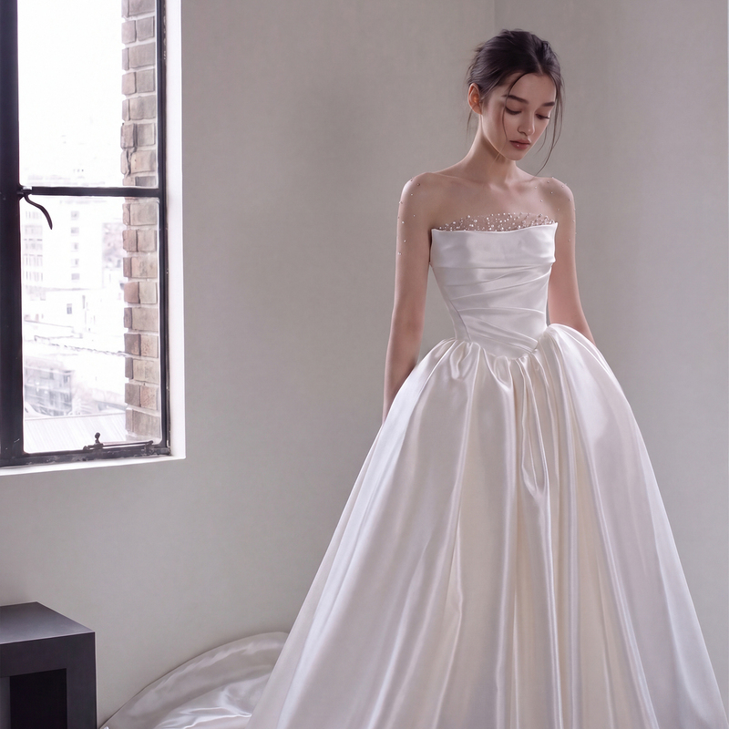 "Cloudy Veils" Wedding Dress 2026 New French Retro Satin High-End Strapless Beaded Minimalist Long Train "Cloudy Veils" Wedding Dress 2026 New French Retro Satin High-End Strapless Beaded Minimalist Long Train