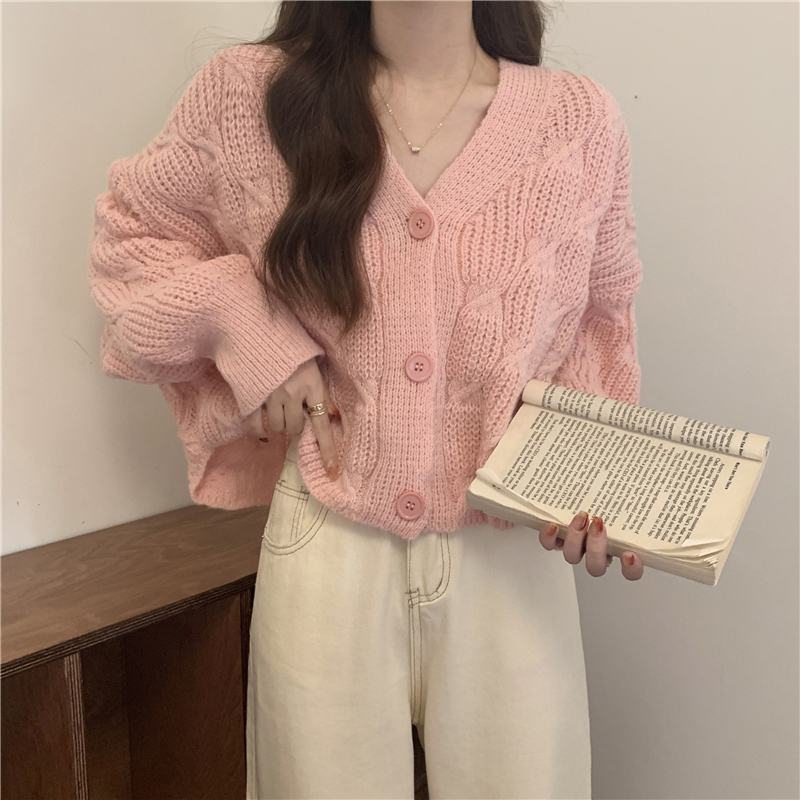 Pink V-Neck Knitted Cardigan for Women, Early Spring Outfit, Short Loose Lazy Sweater Jacket, Petite Spring Top