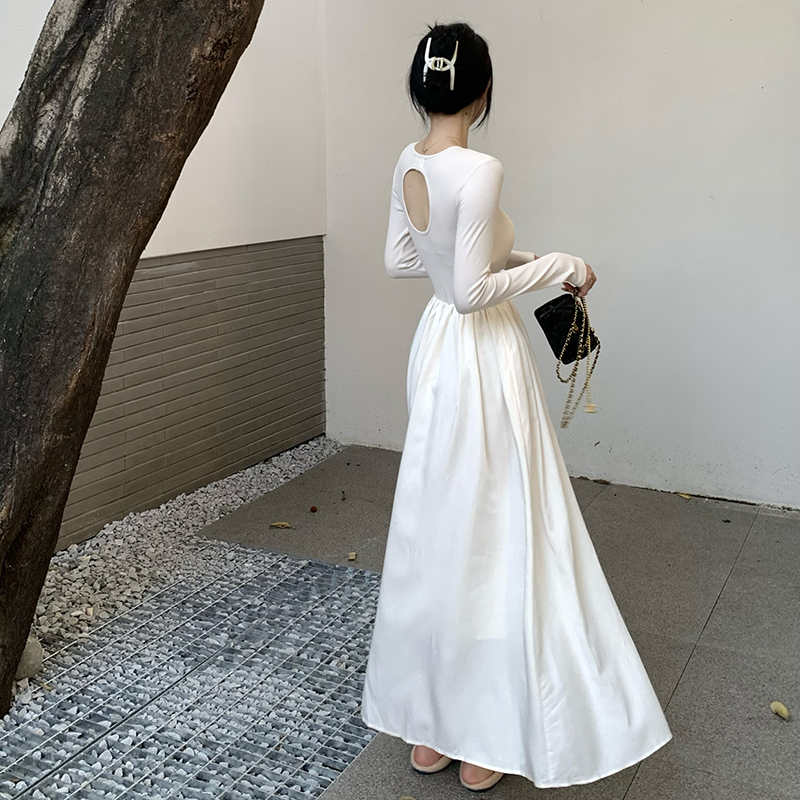 Hepburn-Style White Knitted Long-Sleeve Dress for Women, Autumn and Winter Miu Miu Style Trench Coat Inner Layer, Large Hem Long Dress