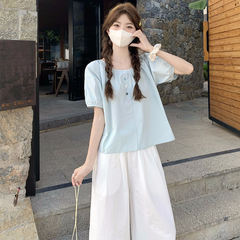 Sky Blue Short Puff Sleeve Top for Women, Summer French-Style Doll Shirt, Bright Dopamine Short-Sleeve Shirt, Miu Style