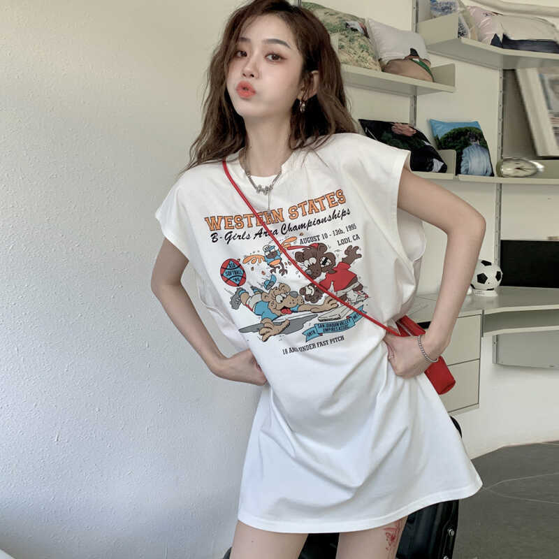 Korean Style Sleeveless Short-Sleeve T-Shirt for Women, Summer 2026 New Model, Pure Cotton Long Dress, Mid-Length, Loose Casual Style