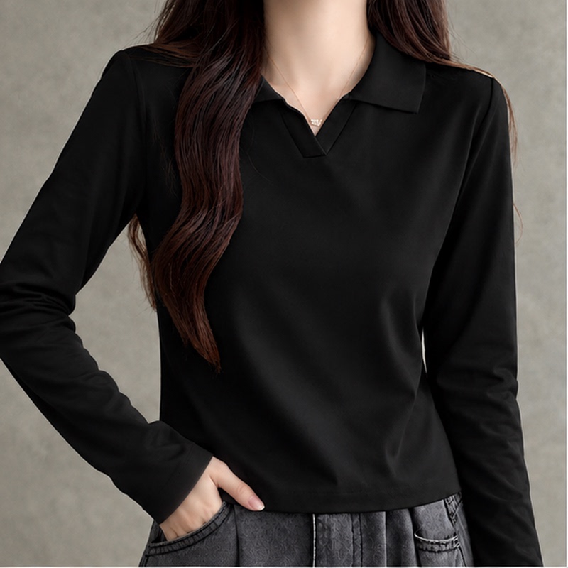 Black Polo Collar Long-Sleeve Base Shirt for Women, 2026 Autumn New Style, Loose Fit, Slimming, Inner Wear, Turn-Down Collar Top, Commuter Fashion