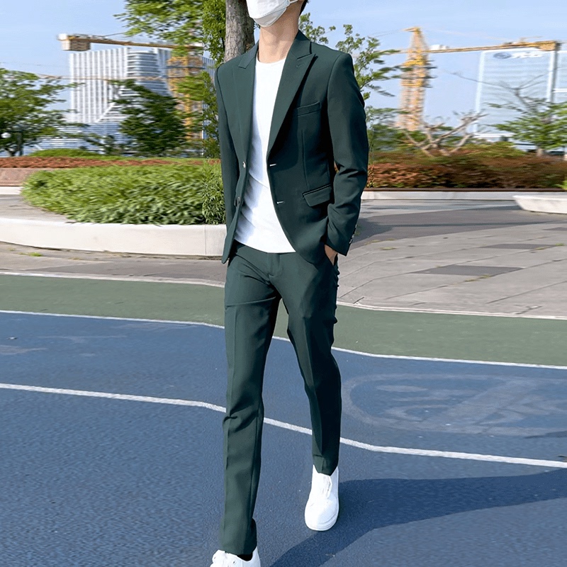Men's Korean-Style Slim-Fit Dark Green Suit with Double Slits, Business Casual Groom's Wedding Stylish Suit Set